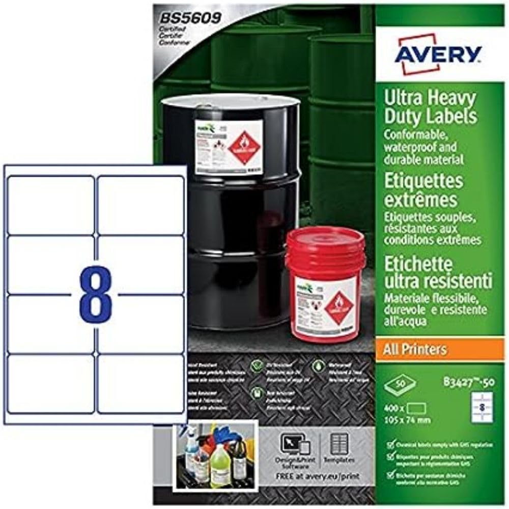 Avery Ultra Heavy Duty Industrial Waterproof Labels, 105 x 74 mm A4, Extremely Strong Adhesive, idea for Difficult Surfaces, Printable and Suitable for Outdoor use. 8 Labels per A4 Blank White Sheet
