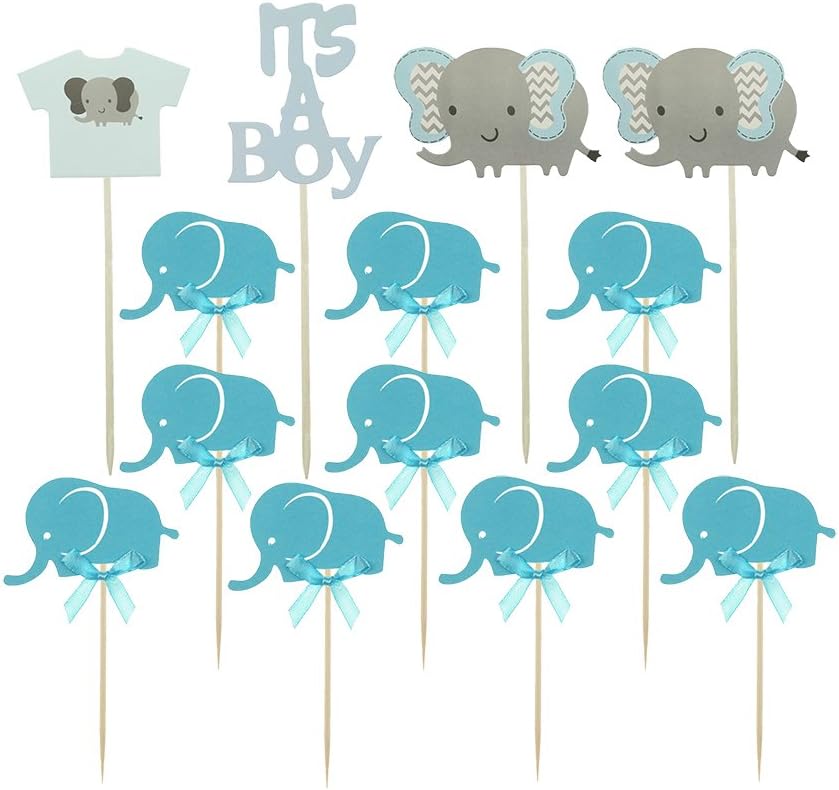 Ucity Baby Shower Cupcake Toppers Blue Baby Elephant Cake Picks Decorations for It’s A BOY Birthday Themed Party Decorations Supplies