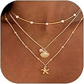 Layered Shell Necklace for Women, 14K Gold Plated Charm Seashell Starfish Charm Necklace Stack Dainty Gold Summer Necklaces Cute Waterproof Beach Jewelry for Women