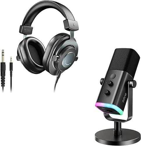 FIFINE XLR/USB Microphone and Studio Monitor Headphones Set, Computer  Recording Mic with Mute Button, RGB, Over Ear Wired Headset Pack for 