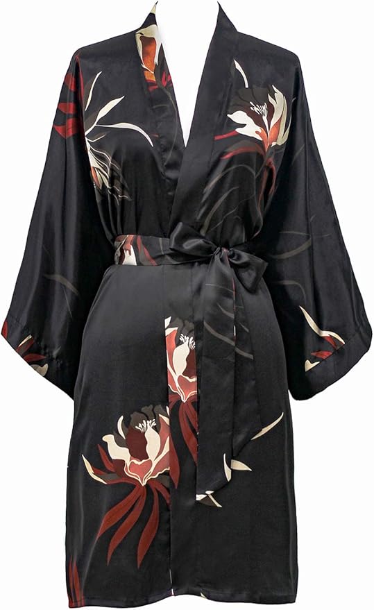 KIM+ONO Satin Kimono Robe Short Hana Black at Amazon Women’s