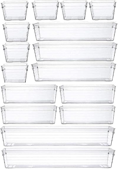 Grace Store 16 Pcs Clear Plastic Drawer Organiser Trays 4 Sizes Desk Kitchen