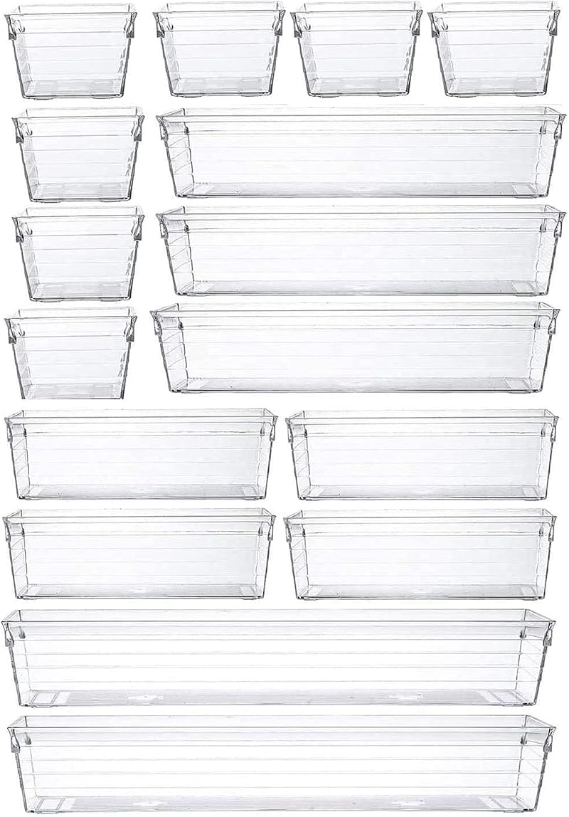 Grace Store 16 Pcs Clear Plastic Drawer Organiser Trays 4 Sizes Desk Kitchen