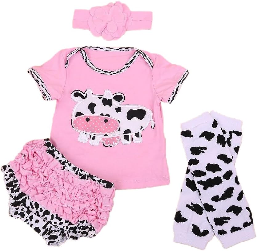 Baby Rae Pink Cow Clothing 4 in 1 Set: Cow Shirt+Head Band+Legging Socks+Shorts