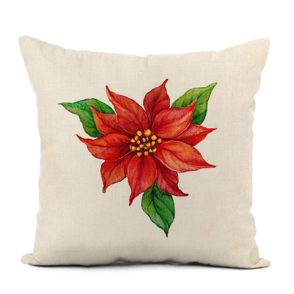 Adowyee Home Decor Linen Throw Pillow Cover 18x18 Inch Red and Green Christmas Poinsettia on White Watercolor Flower Pointsettia Above Pillowcase Cushion Cover for Sofa Couch