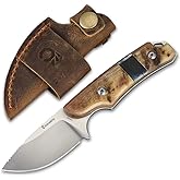 Cool Hand 5.98" Knife with Leather Sheath, Full Tang Compact Horizontal Carry Knife, Leather Belt Loop Sheath with Buckle, Outdoors Drop Point 440C Fixed Blade, Ram Horn Handle