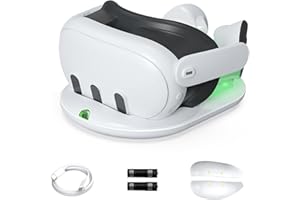 SANGDER Enhanced Charging Dock with LED Light for Oculus/Meta Quest 3，Magnetic Charging Station for Oculus Quest 3 Touch Controller & VR Headset，with 2 1800mAh Rechargeable Batteries