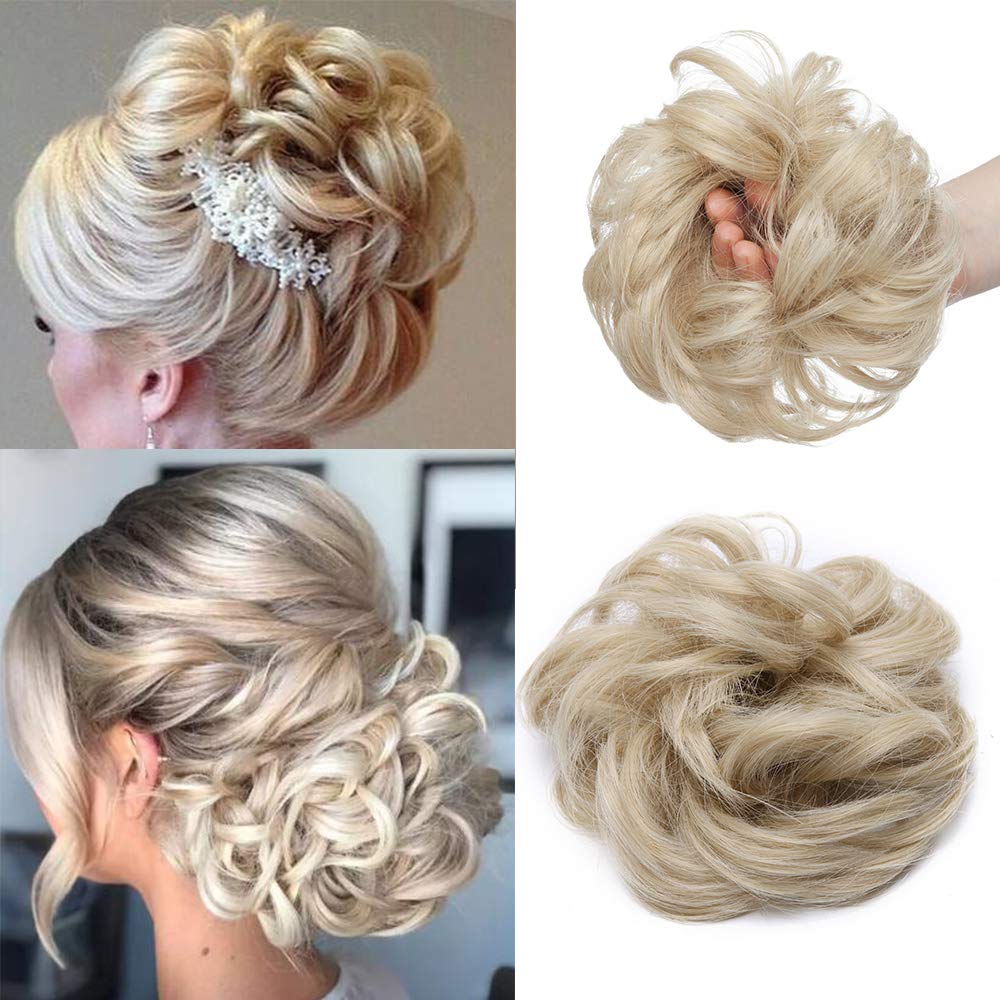 Silk-co Synthetic Hair Bun Extensions Messy Curly Hair Scrunchies Hairpieces Updo Donut Hairpieces for Women -Bleach Blond & Bleach White