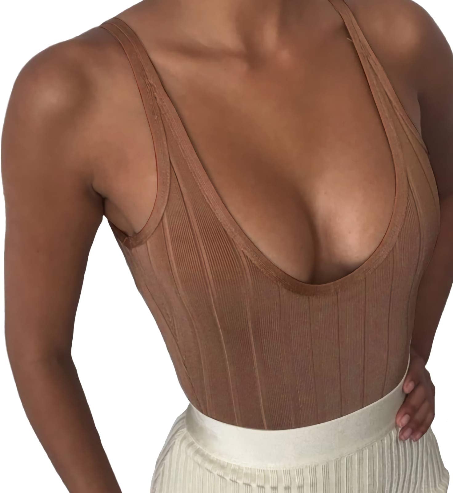 Limtery Women's Sexy Scoop Neck Ribbed Knitted Basic Tops Leotard Bodysuit (Medium, Brown)