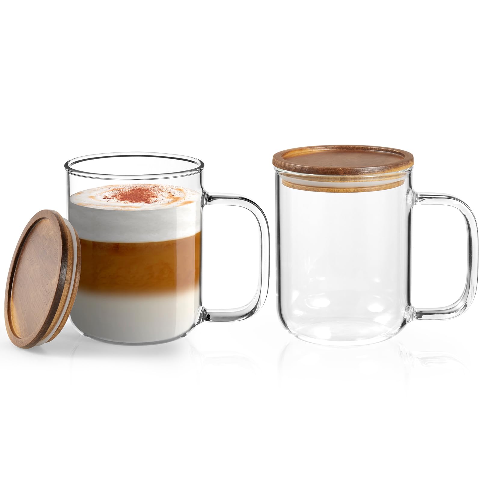 Photo 1 of DRASTAR Glass Coffee Cups, 12 oz Clear Coffee Mugs, Flat Bottomed Cups with Acacia Wood Lid, Glass Tea Cup with Handle, Espresso Cappuccino Tea Cup Set of 2