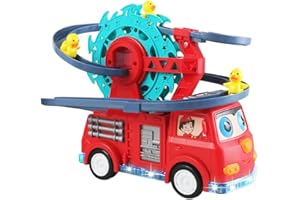 NEXTAKE 2 in 1 Fire Engine Slide Toy Set, Automatic Slide Down Duck Toy Race Track Toy Rotating Ferris Wheel Toy Duck Slide Toy Fire Truck Toy with Universal Wheel, Movable Eyes, Music & Lights
