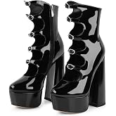 FancyQueen Black Platform Boots Gothic Boots for Women, Knee High Chunky Platform Heels, Black Lolita Buckle Block Heels, Punk Combat Mid Calf Shoes
