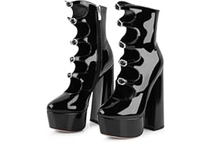 FancyQueen Goth Ankle Boots Platform Boots for Women Patent Leather Buckle Strap Black Chunky High Heels for Women Zipper Gothic Lolita Shoes Comfort