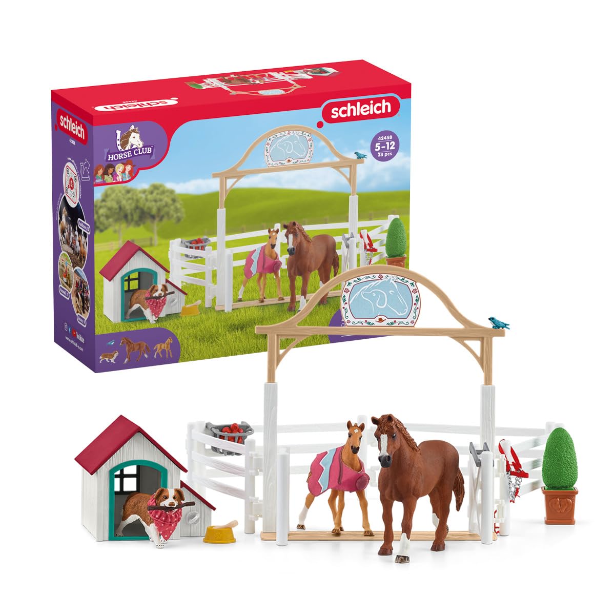 SCHLEICH HORSE CLUB — 42458 Hannah's Guest Horses Playset, 20-Piece Horse Stable Toy Set Including Mare, Foal, Hannah Doll And Dog Figurine, Horse Toys For Girls And Boys Ages 5+