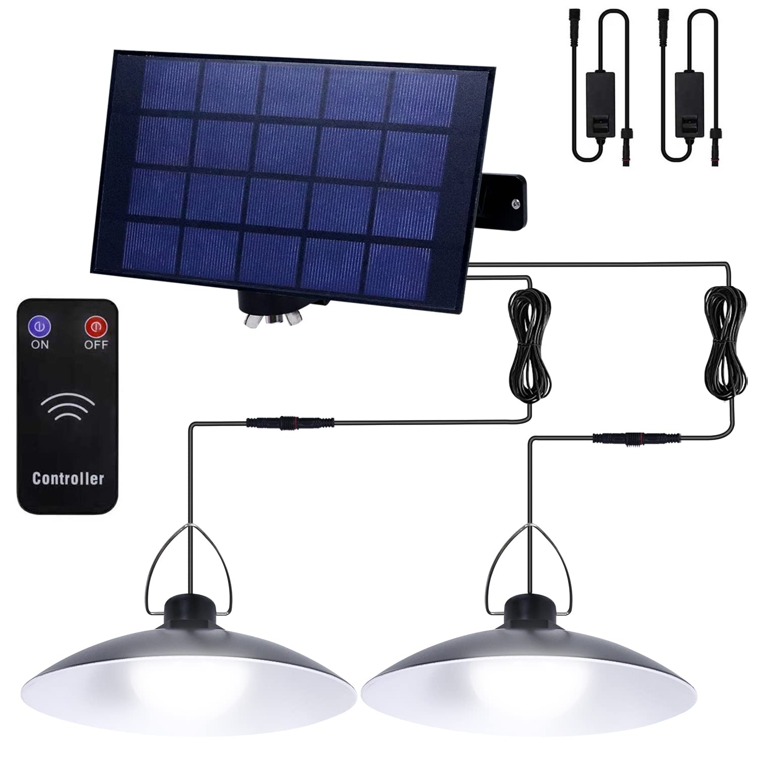 Qelus Solar Pendant Lights, Solar Shed Light, Waterproof Hanging Lamp Remote Control, Security Lighting for Outdoor Indoor Garden Porch Garage Storage Gazebo Front Balcony, 2 Lamps White