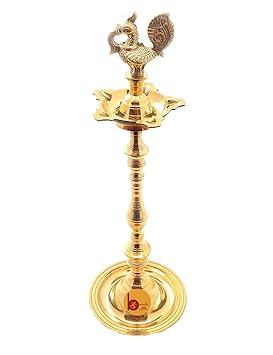 Besnik Arts Pure Brass Diya Tamil Traditional Handmade Peacock Kuthu vilakku/Mahabharat Diya/Inauguration Lamp for Temples, Diwali Puja, Festival Gifts & Home Decor (Golden) Height: 23 inch
