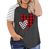 Plus Size Valentine's Day T-Shirt for Women Buffalo Plaid Heart Printed Shirt Tops Short Sleeve Casual Graphic Tees