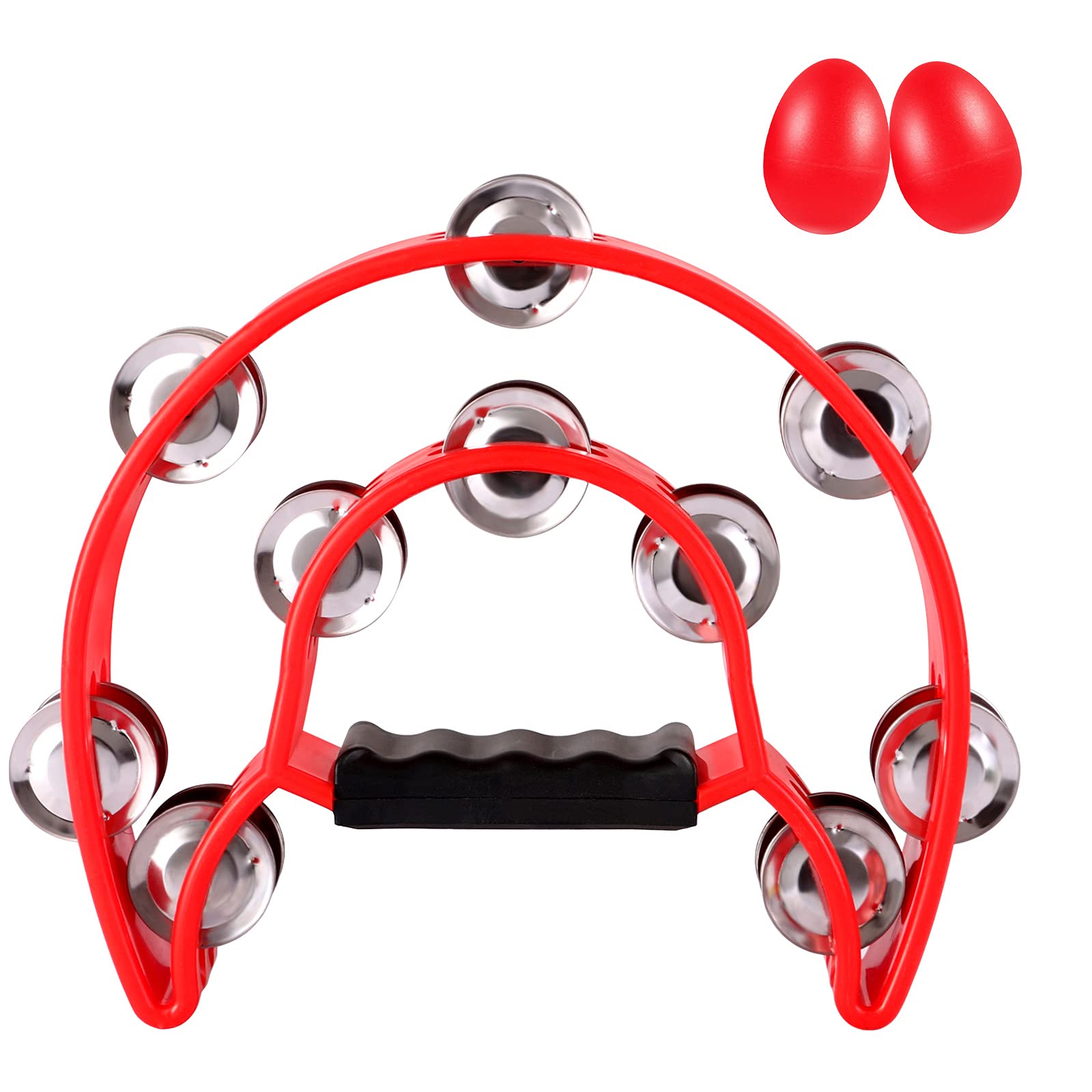 EastRock Half Moon Hand Tambourine with 20 Jingles, Double Cutaway, Red