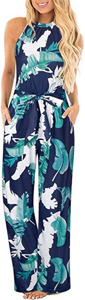 Women Dress Halter Neck Sleeveless Floral Long Jumpsuit Loose Comfy Skirts Belted Pocket Jumpsuit