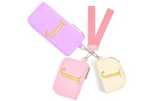 SAWGOS Mini Zip Around Keychain Wristlet Wallets for Women and Girls: Three Coin Purses with 2 Straps - Best Gifts for Birthdays, Christmas, Wedding Parties, Valentine's Day, New Year (J, Purle&Pink&Cream)
