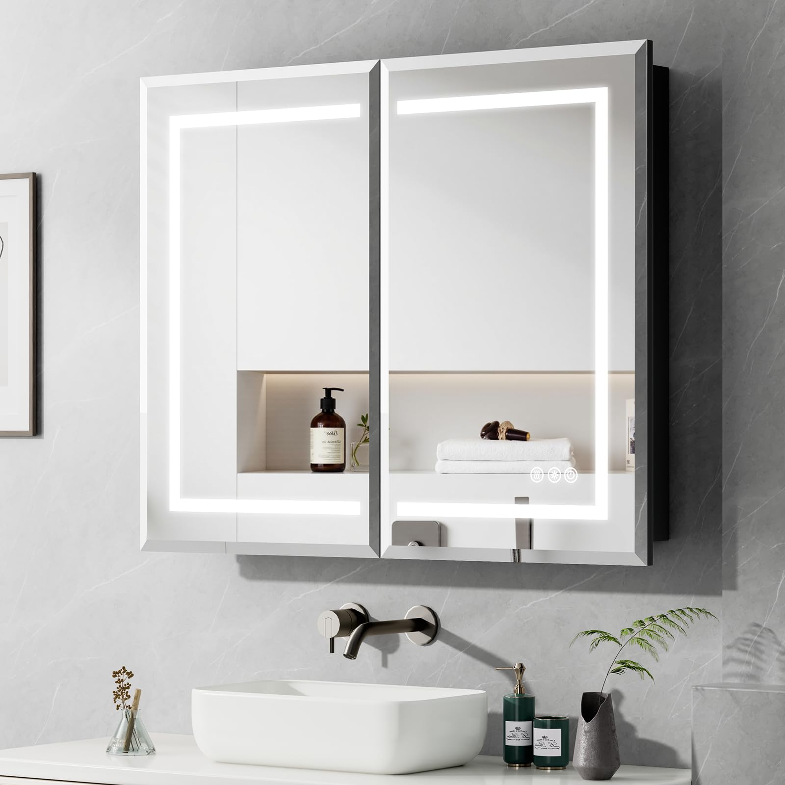 Photo 1 of SHYWENHSIU 36"X30" Bathroom Medicine Cabinet with Mirror, LED Lighted Medicine Cabinet with Anti-Fog, 3 Colors Temperature Stepless Dimmable, Metal Cabinet for Storage and Mordern Decor, Black