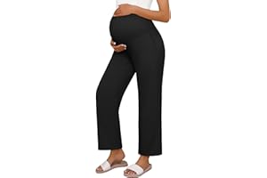 Huukeay Women's Cotton Linen Blend Maternity Pants, High Waisted Lounge Pregnancy Pants Over The Belly Trousers with Pockets