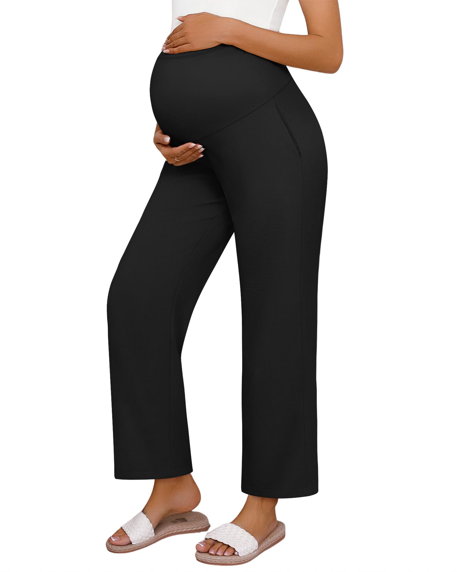 Photo 1 of Huukeay Women's Cotton Linen Maternity Pants, High Waisted Lounge Pregnancy Pants Over The Belly Trousers with Pockets(Black,Small)