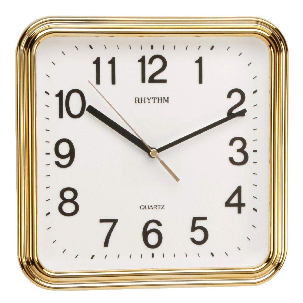 RHYTHM Square Silent Movement Wall Clock, 25cm, Gold & White
