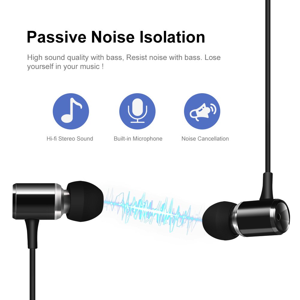 Wired Metal Earphones AIFEIMEI In-ear Heavy Bass Stereo Earbuds Headphones Volume Control with Microphone Headset Sport Gym Running for iPhone iOS/Android 3.5mm jack +Carrying Case (BLACK)