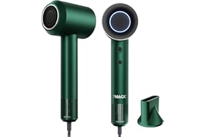 7MAGIC High-Speed Hair Dryer with 110,000RPM Brushless Motor for Fast Drying, Low Noise Blow Dryer with Tri-Colour LED Light Ring, 1400W Ionic Hair Dryer for Home and Travel, Magnetic Nozzle, Green