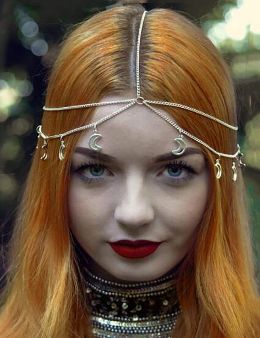 Chargances Multi-Layered Head Chain with Moon Fashion Women Hot Bohe Halloween Moon Head Chain Crescent Drop Headband Halloween Party Festival Custom Headpiece Hair Accessories for Women and Girls