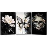 XLMDYYSW Skull Wall Art 3 Piece Black and White Gothic Pictures Skeleton and Flower Canvas Prints Abstract Butterfly Paintings for Bathroom Home Decor Framed (White, 12.00