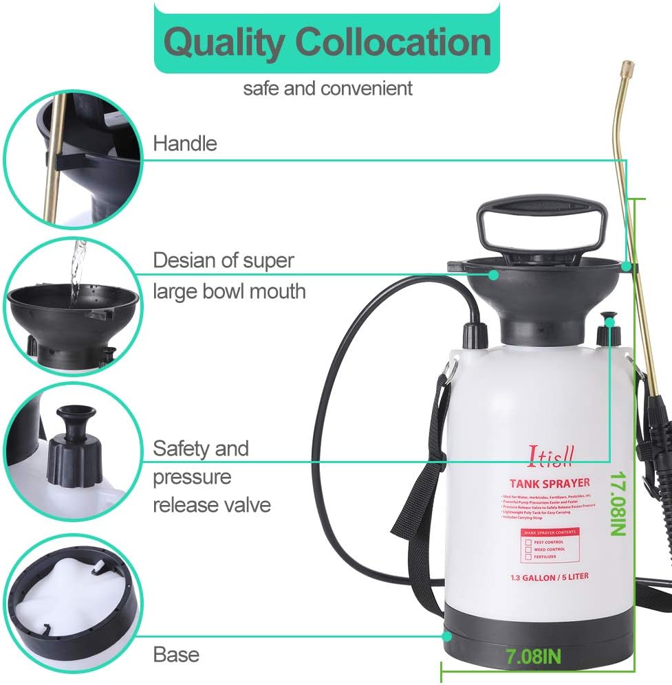 ITISLL 1.3Gallon Garden Pump Sprayer Portable Yard & Lawn Sprayer with Brass Wand and Shoulder Strap for Weeds Plants 5 liters (819NF5) : Garden & Outdoor