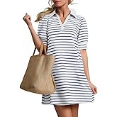 ZESICA Womens Summer Striped T Shirt Mini Dresses 2026 Casual Lapel V Neck Short Sleeve Flowy A Line Beach Vacation Dress