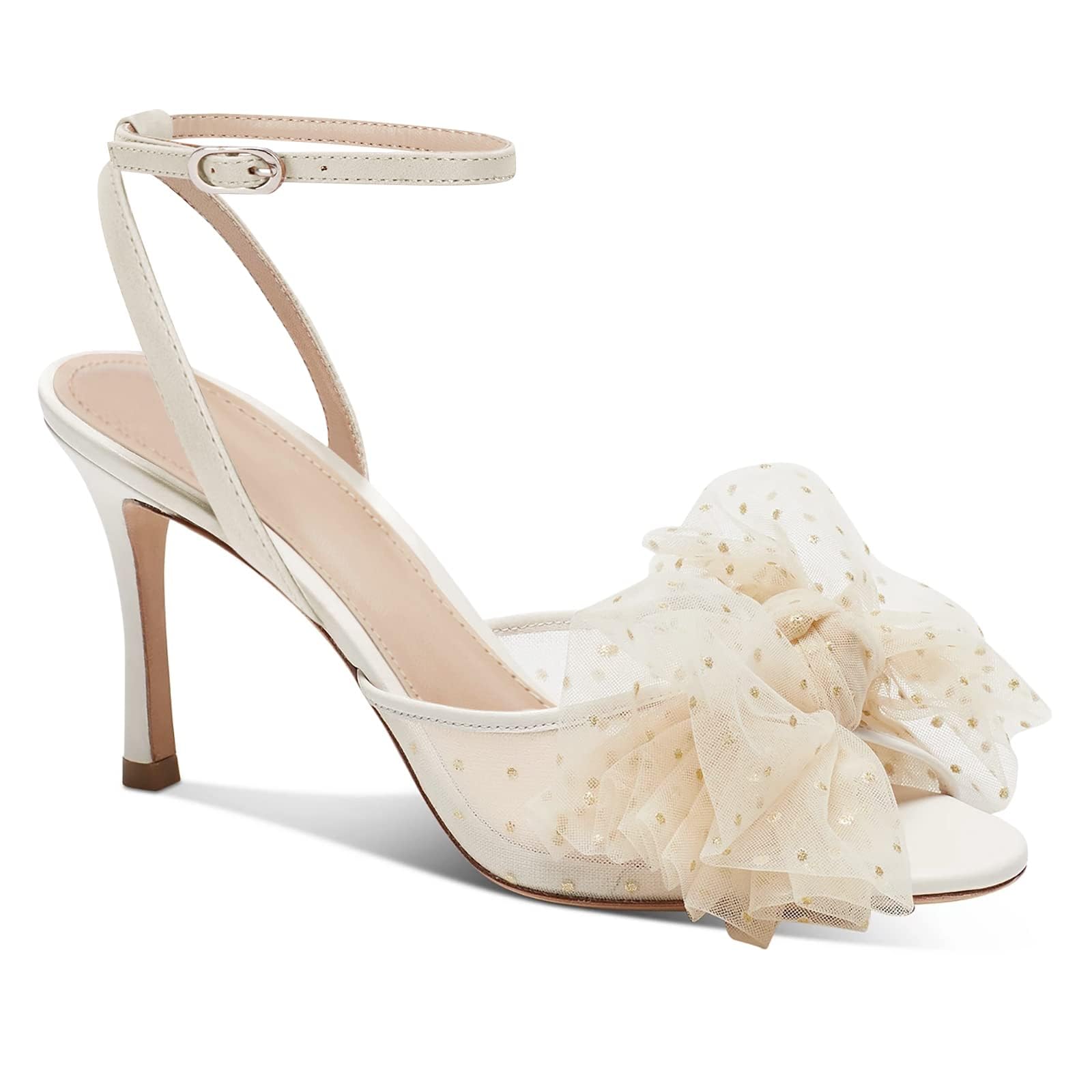 Photo 1 of ***(HEAVILY USED/MINOR DAMAGE)***Coutgo Womens Bow Tie Heels Sandals Slingback Peep Toe Wedding Heels Mesh High Stiletto Heel Summer Cute Wedding Bridal Shoes Beige SIZE 10