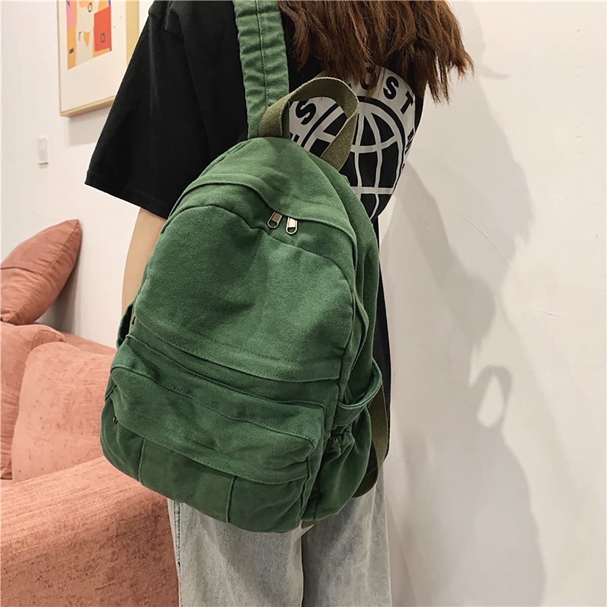 Laptop Backpack for Women Travel Canvas Backpack for Women Vintage Green Aesthetic Backpack for School