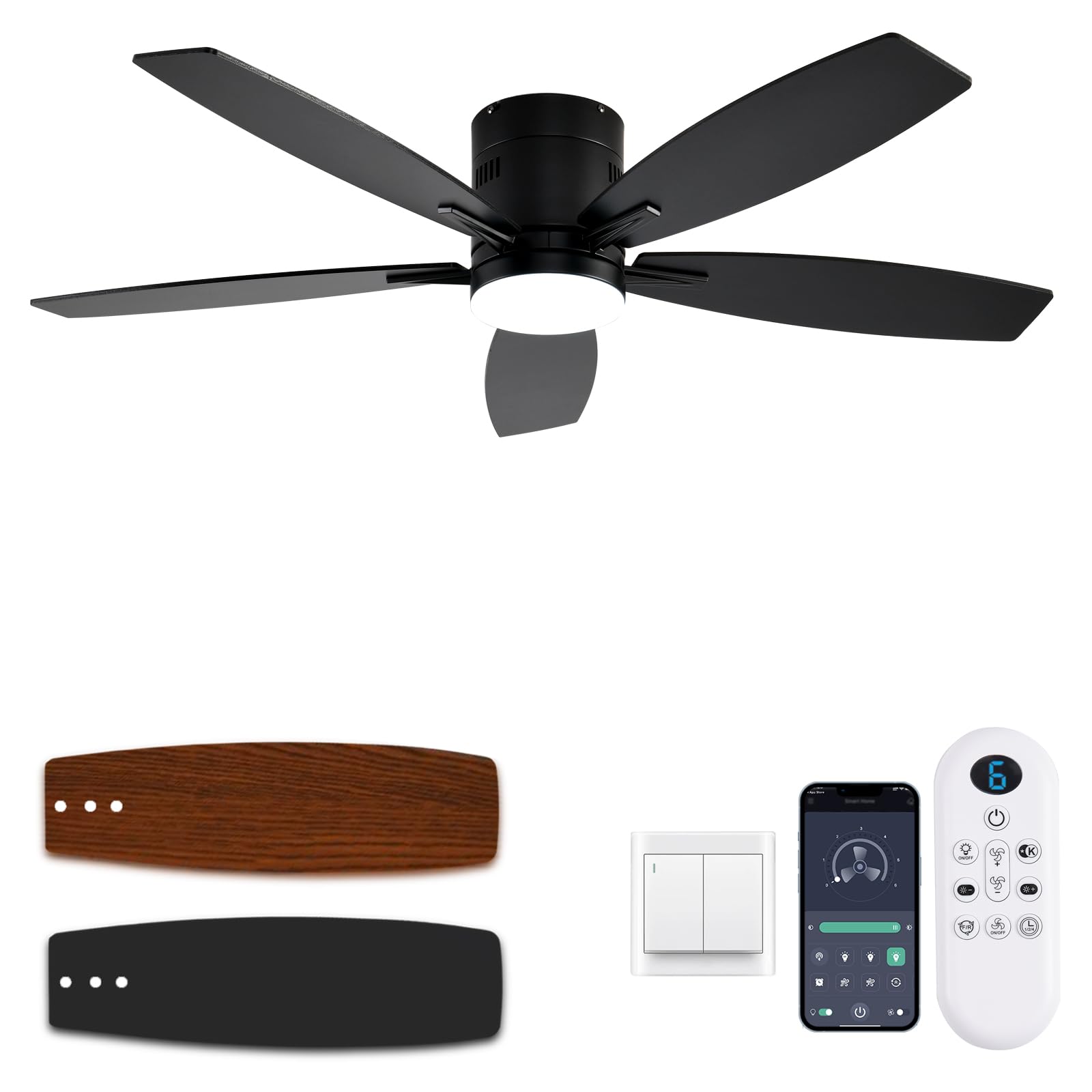 Photo 1 of KNUN 52 Inch Flush Mount Ceiling Fan with Light and Remote/App Control,Black Ceiling Fans with Lights, 3CCT,Dimmable,Noiseless,Low Profile Ceiling Fan for Indoor/Outdoor Use