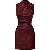 RoseSeek Women's PU Leather Ruched Bodycon Dresses Mock Neck Sleeveless Zipper Mini Tank Dress Burgundy Large