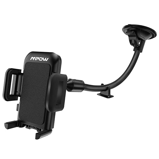Mpow Cell Phone Holder for Car, Windshield Long Arm Car Phone Mount with One Button Design and Anti-skid Base Car Holder for iPhone X/8/7/7P/6s/6P/5S, Galaxy S5/S6/S7/S8, Google, LG, Huawei and More
