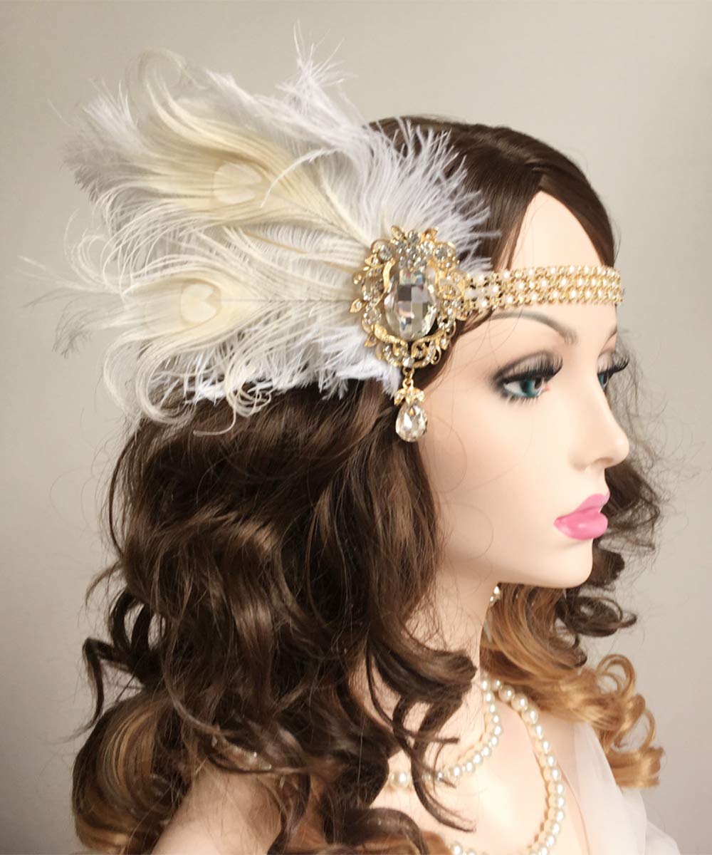 Anglacesmade Bridal 1920s Flapper Feather Headband with Crystal Pearl Head Chain White Feather Roaring 20s Headpiece Prom Party Festival Gatsby Hair Jewelry for Women and Girls