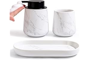 BosilunLife Bathroom Accessories Set 3 pcs - Bathroom Ceramic Foaming Soap Dispenser Set Farmhouse Marble Bathroom Decor, Foa