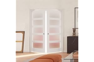 SOLRIG French Interior Double Door 60"(30" x 2) x 80" - 5 Lites Tempered Frosted Glass Pantry Door Panels, Closet & Bathroom Double Door Slab, White Primed, MDF - Panel Need to Assembly
