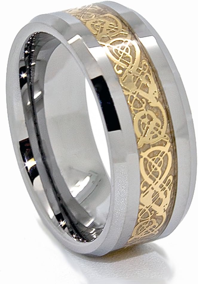 Blue Chip Unlimited 9mm Golden Colored Celtic Dragon Inlay Polished Tungsten Carbide Wedding Band (US Sizes 7-15)