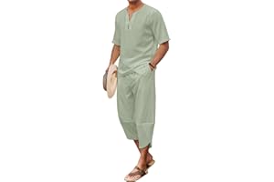 COOFANDY Men's 2 Pieces Linen Set Henley Shirt Short Sleeve and Harem Capri Pants Wide Leg Baggy Beach Yoga Trousers Outfits