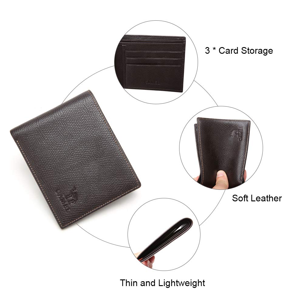 CAMEL CROWN Men\'s Wallet, Slim Fold Leather Wallet with Credit Card Slots and ID Pocket (Dark Brown)