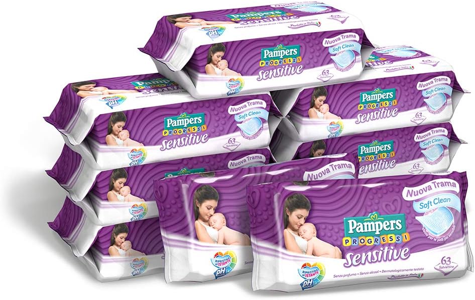 Pampers Sensitive Wipes, Gentle Formula Without Scent Restores Ph Skin 9 Packs of 63 Pieces 567 Wipes, 567 count (Pack of 1)