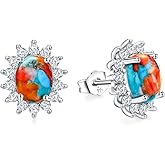 AIBAO Genuine Turquoise/Malachite Stud Earrings for Women Sterling Silver Princess Diana Class Oval Gemstone Halo Earrings Western Jewelry Anniversary Christmas Gift