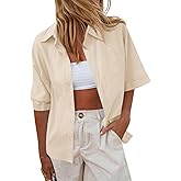 Cicy Bell Womens Button Down Shirts Summer Short Sleeve Collared Dressy Casual Blouses Work Loose Fit Tops Apricot