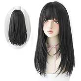 HUAISU Long Black Straight Hair Wig with Bangs Synthetic High Density Long Hair Wig for Women (Black)