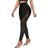 SHENHE Women's Rhinestone Mesh Patchwork Dressy Leggings High Waisted Elegant Skinny Pants